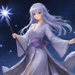 Illustrate Sariel, the character from Touhou project, in her signature robe with numerous shimmering stars, wielding her staff with powerful aura surrounding it.