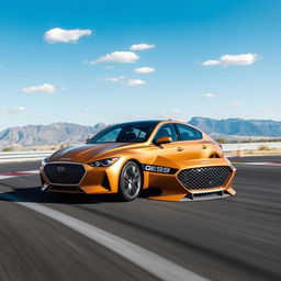 The 2024 Genesis G70, showcased in a stunning matte gold finish, is depicted in full motion as it expertly navigates a race track