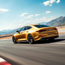 The 2024 Genesis G70, showcased in a stunning matte gold finish, is depicted in full motion as it expertly navigates a race track