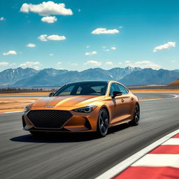 The 2024 Genesis G70, showcased in a stunning matte gold finish, is depicted in full motion as it expertly navigates a race track