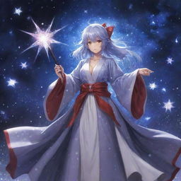 Illustrate Sariel, the character from Touhou project, in her signature robe with numerous shimmering stars, wielding her staff with powerful aura surrounding it.