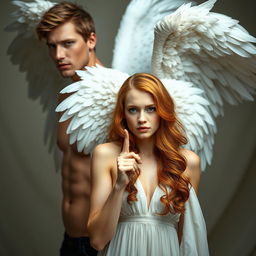 A stylized fantasy-themed portrait of two individuals with angelic attributes