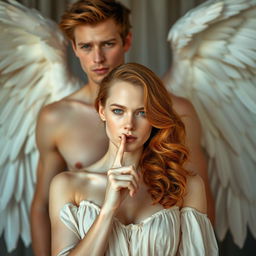 A stylized fantasy-themed portrait of two individuals with angelic attributes