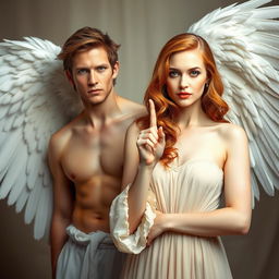 A stylized fantasy-themed portrait of two individuals with angelic attributes