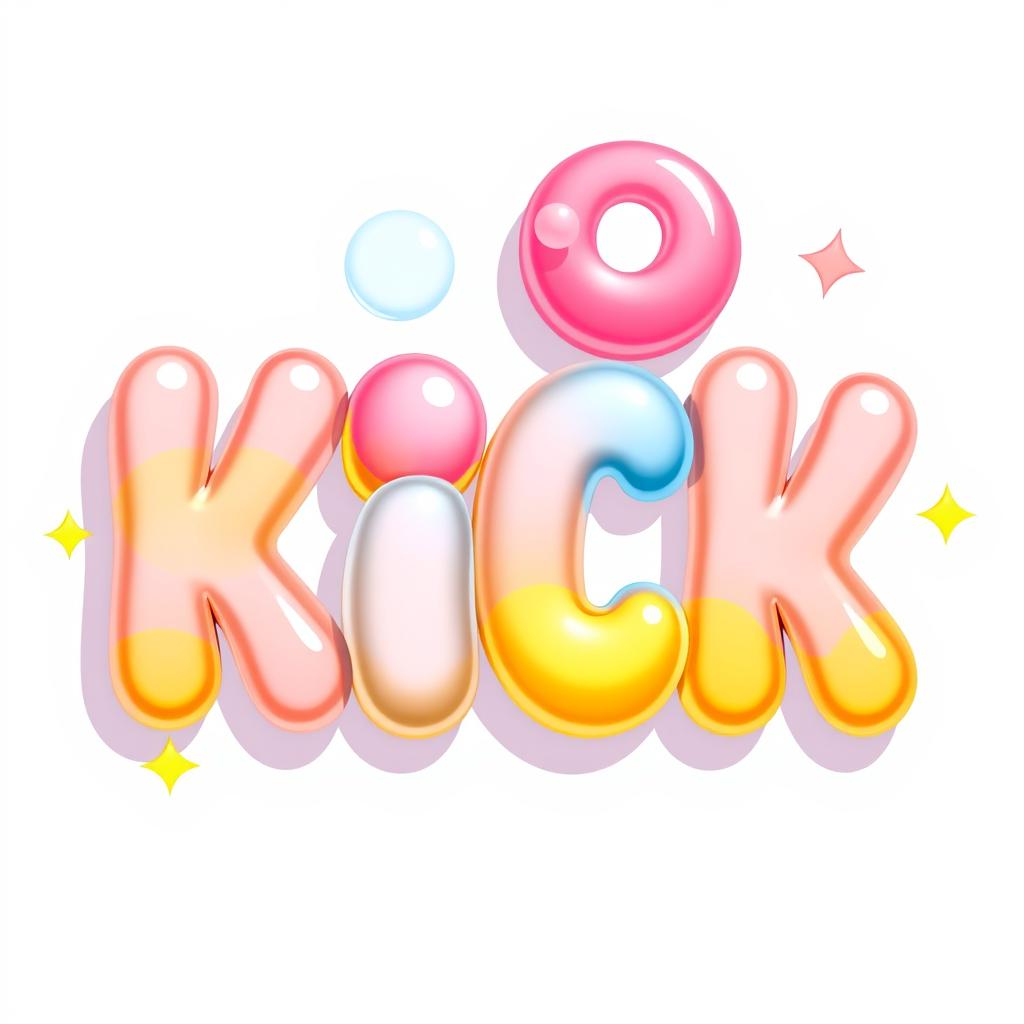 A vibrant 2D illustration of the word 'KICK' made entirely of colorful bubble gum