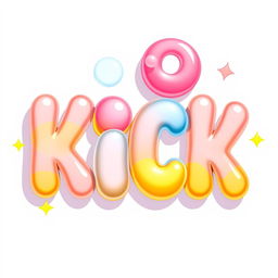 A vibrant 2D illustration of the word 'KICK' made entirely of colorful bubble gum