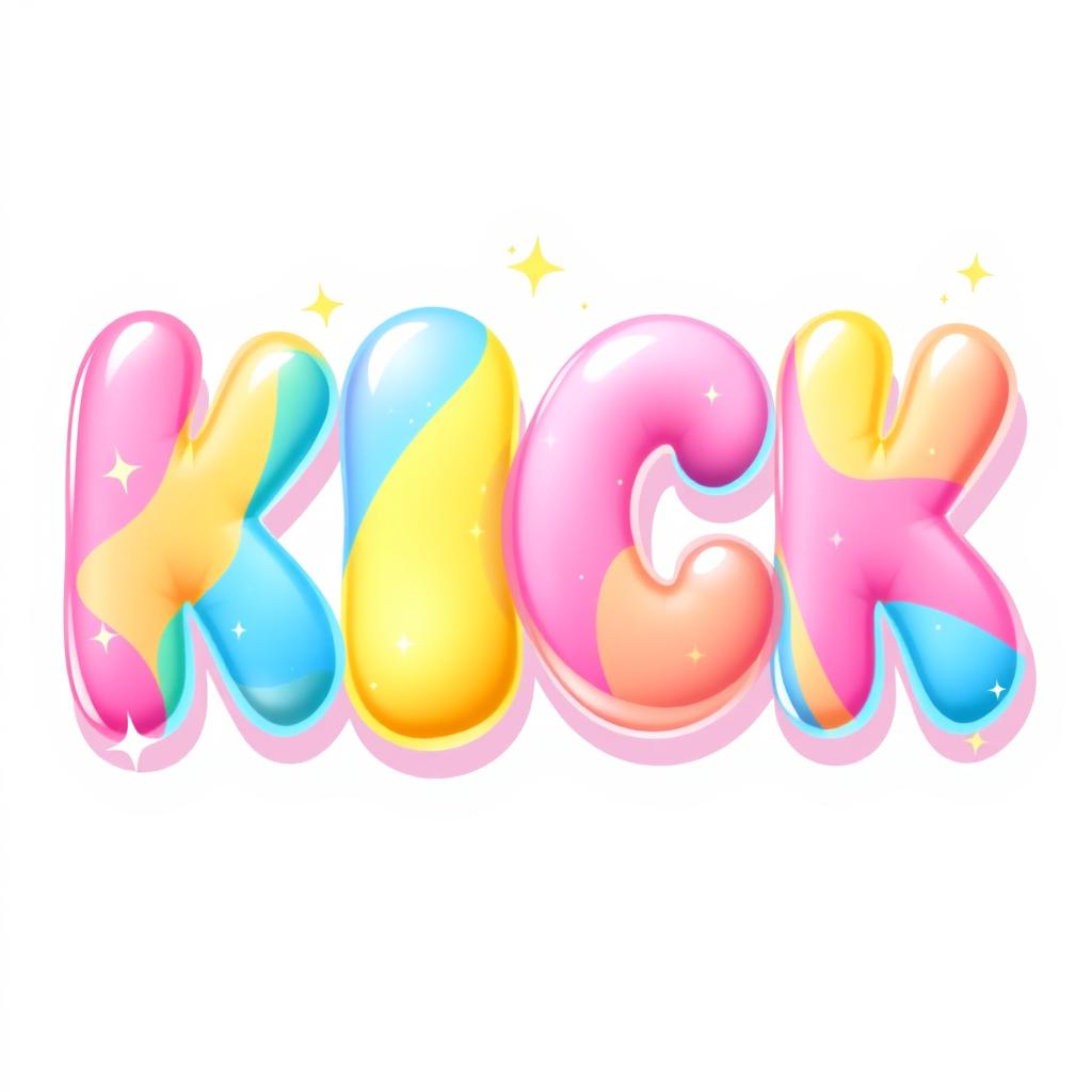 A vibrant 2D illustration of the word 'KICK' made entirely of colorful bubble gum