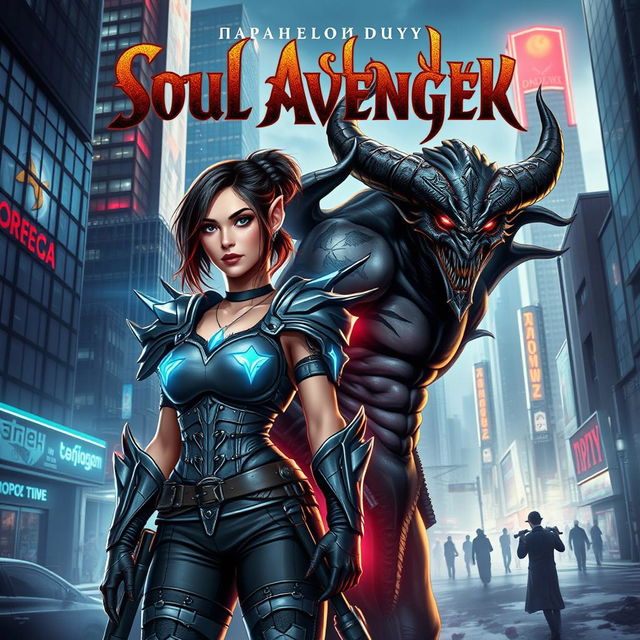 An eye-catching fantasy book cover set in a modern world, featuring a strong heroine and a captivating demon working together to fight against evil forces in their city