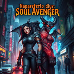 An eye-catching fantasy book cover set in a modern world, featuring a strong heroine and a captivating demon working together to fight against evil forces in their city