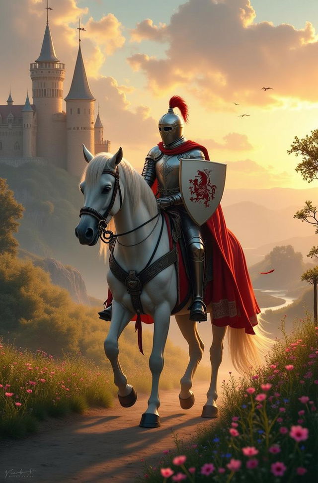 A majestic knight in shining armor, riding a regal white horse along a picturesque path