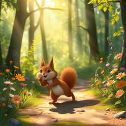 In the morning sunlight, a cute brown squirrel is happily walking along a forest path, surrounded by lush greenery and vibrant wildflowers