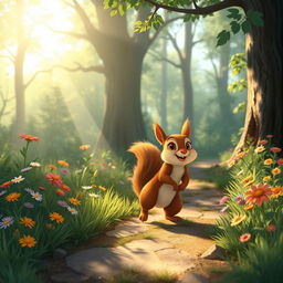 In the morning sunlight, a cute brown squirrel is happily walking along a forest path, surrounded by lush greenery and vibrant wildflowers