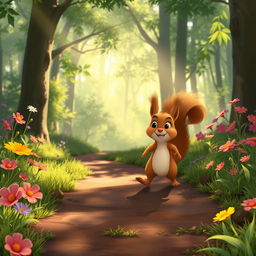 In the morning sunlight, a cute brown squirrel is happily walking along a forest path, surrounded by lush greenery and vibrant wildflowers