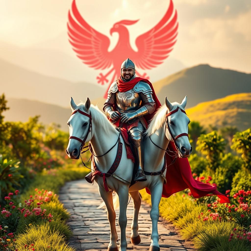 A majestic knight in shining armor, complete with intricate detailing on the plates and a flowing red cape, confidently riding a regal white horse along a picturesque path