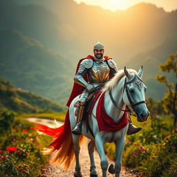 A majestic knight in shining armor, complete with intricate detailing on the plates and a flowing red cape, confidently riding a regal white horse along a picturesque path