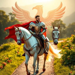 A majestic knight in shining armor, complete with intricate detailing on the plates and a flowing red cape, confidently riding a regal white horse along a picturesque path