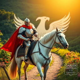 A majestic knight in shining armor, complete with intricate detailing on the plates and a flowing red cape, confidently riding a regal white horse along a picturesque path