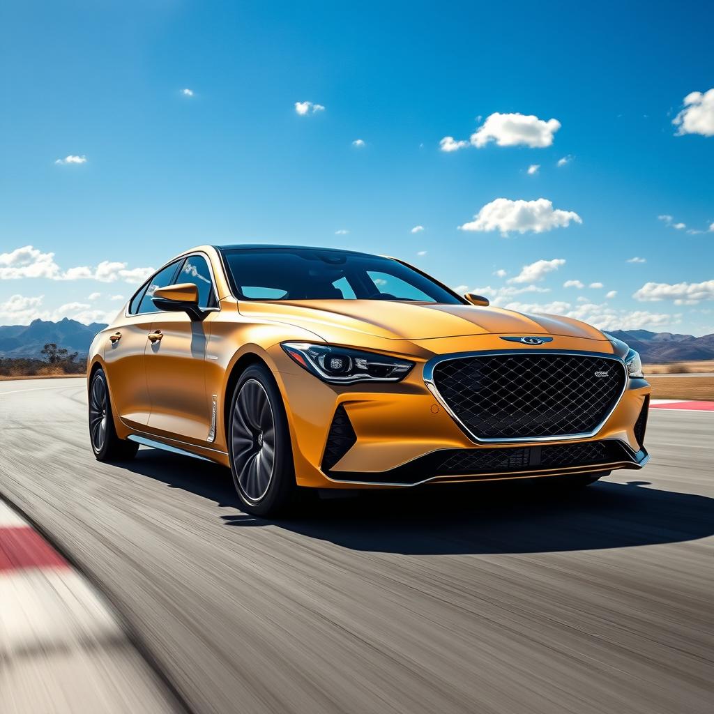 The 2024 Genesis G80, featured in a sleek matte gold finish, is depicted powerfully as it drives around a race track