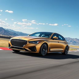 The 2024 Genesis G80, featured in a sleek matte gold finish, is depicted powerfully as it drives around a race track