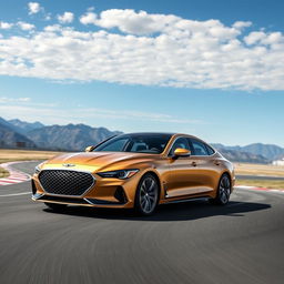 The 2024 Genesis G80, featured in a sleek matte gold finish, is depicted powerfully as it drives around a race track