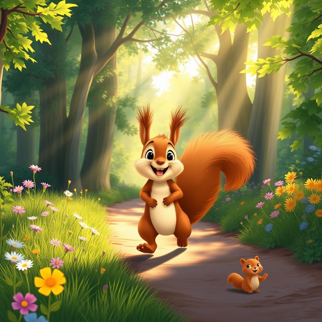 In the morning sunlight, a cute brown squirrel is happily walking along a forest path