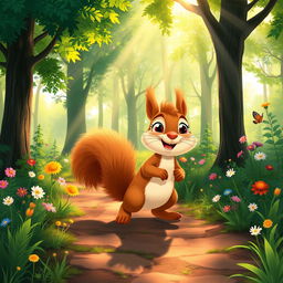 In the morning sunlight, a cute brown squirrel is happily walking along a forest path