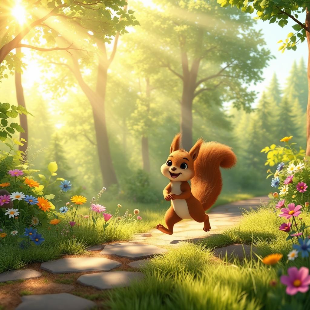 In the morning sunlight, a cute brown squirrel is happily walking along a forest path