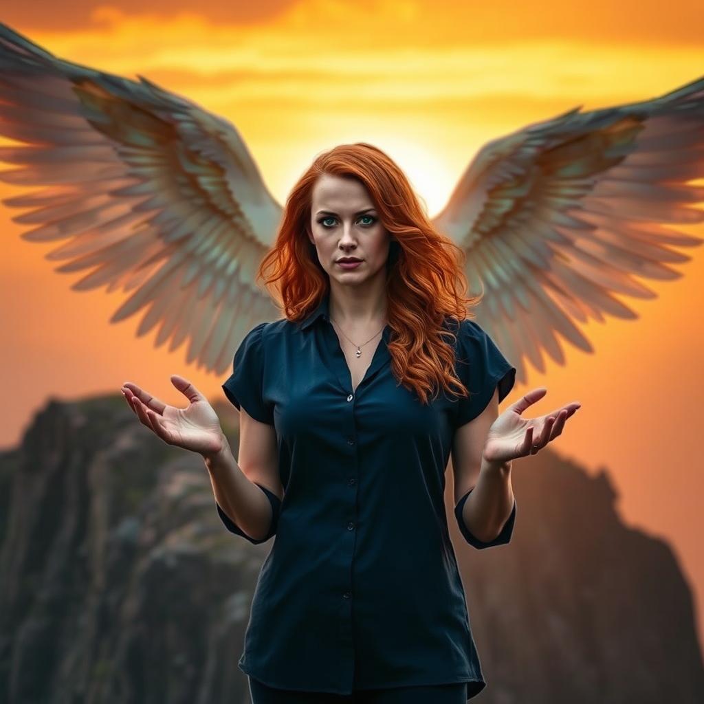 A woman resembling Amy Adams, with fiery red curls cascading down her shoulders, stands on a dramatic cliff at sunset