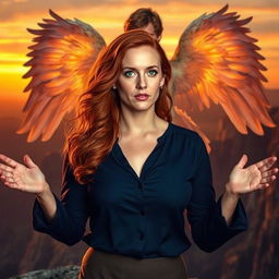 A woman resembling Amy Adams, with fiery red curls cascading down her shoulders, stands on a dramatic cliff at sunset