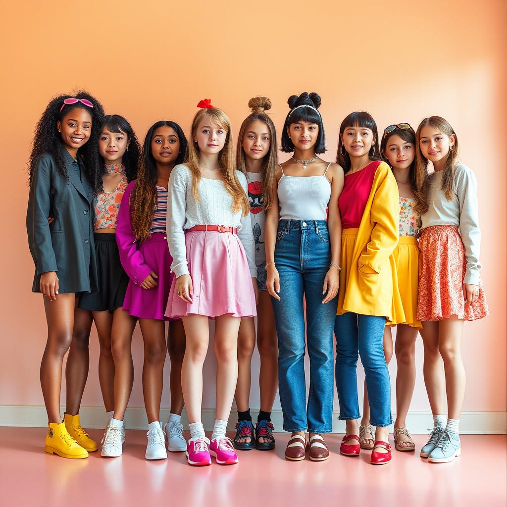 Girls of all tastes and colors, each standing in full height and posed separately from one another, showcasing unique styles and vibrant personalities