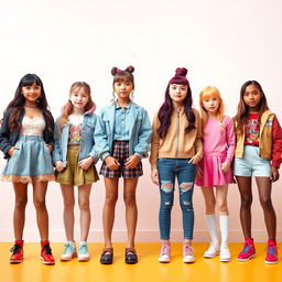 Girls of all tastes and colors, each standing in full height and posed separately from one another, showcasing unique styles and vibrant personalities