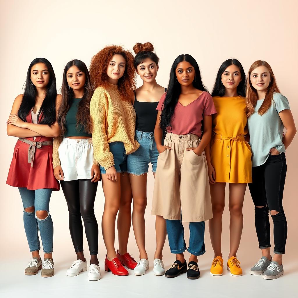 Young women of various tastes and colors, each standing in full height and posed separately from one another, showcasing a range of unique styles and personalities