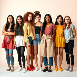 Young women of various tastes and colors, each standing in full height and posed separately from one another, showcasing a range of unique styles and personalities