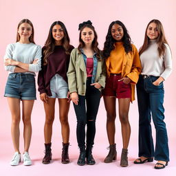 Young women of various tastes and colors, each standing in full height and posed separately from one another, showcasing a range of unique styles and personalities