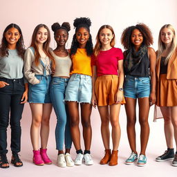 Young women of various tastes and colors, each standing in full height and posed separately from one another, showcasing a range of unique styles and personalities