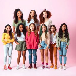 Young women of various tastes and colors, each standing in full height and posed separately from one another, showcasing a range of unique styles and personalities