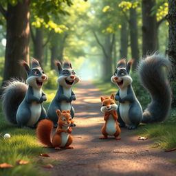 On a forest path in the morning, four large gray squirrels are laughing heartily, playfully teasing a little brown squirrel who has a look of deep embarrassment and sadness