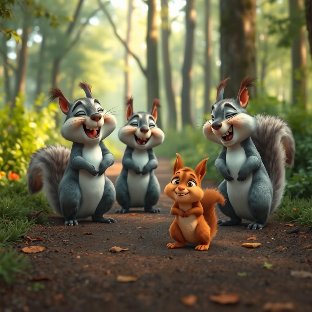 On a forest path in the morning, four large gray squirrels are laughing joyfully, playfully teasing a cute little brown squirrel who has a distressed and embarrassed expression on its face