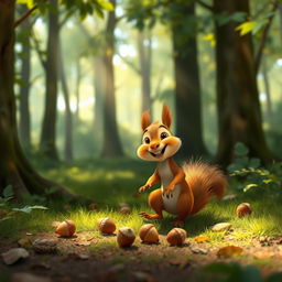 In a forest during the morning, a cute little brown squirrel is joyfully discovering several acorns scattered on the ground