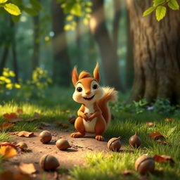 In a forest during the morning, a cute little brown squirrel is joyfully discovering several acorns scattered on the ground