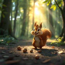 In a forest during the morning, a cute little brown squirrel is joyfully discovering several acorns scattered on the ground