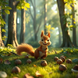 In a forest during the morning, a cute little brown squirrel is joyfully discovering several acorns scattered on the ground