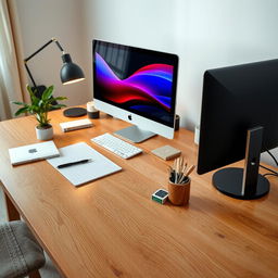 A warm wooden working table with a sleek computer on top, viewed from a 3/4 angle