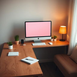 A warm wooden working table with a sleek computer on top, viewed from a 3/4 angle