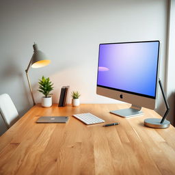 A warm wooden working table with a sleek computer on top, viewed from a 3/4 angle