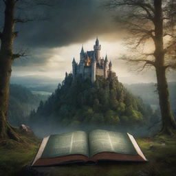 Design a captivating book cover with an atmospheric forest scene in the foreground, a mysterious castle in the background and a sense of adventure and magic.