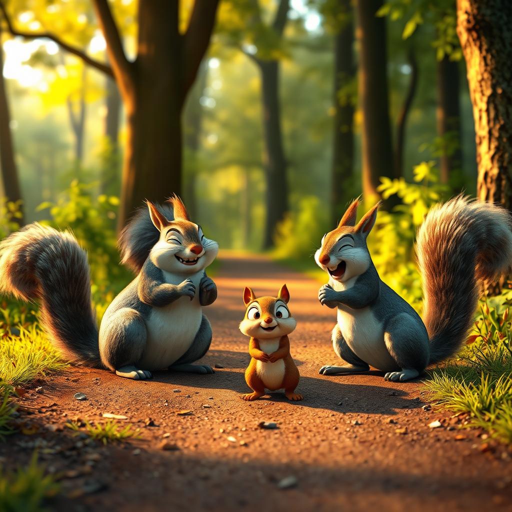 On a forest path in the morning, four large gray squirrels are laughing out loud, teasing a cute little brown squirrel who has a frightened expression on its face