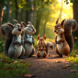 On a forest path in the morning, four large gray squirrels are laughing out loud, teasing a cute little brown squirrel who has a frightened expression on its face