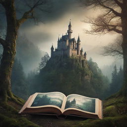 Design a captivating book cover with an atmospheric forest scene in the foreground, a mysterious castle in the background and a sense of adventure and magic.