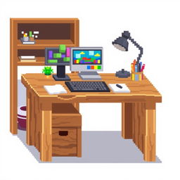 A pixel art style depiction of a wooden working table with a computer on it, shown from a 3/4 view